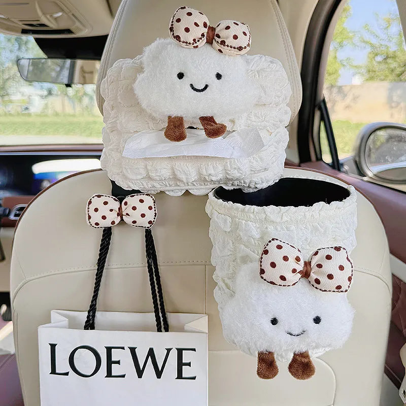 Cute Cloud Car Tissue Box and Trash Can Combo – Hanging Multi-Functional Storage Organizer with Hook for Auto Interior